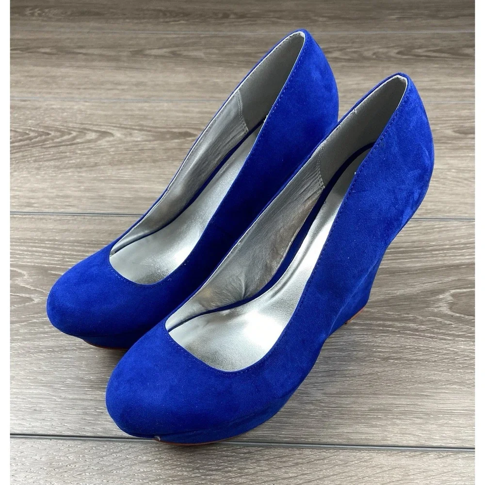 Qupid Women's Suede Platform Wedge‎ Shoes Blue Size 9